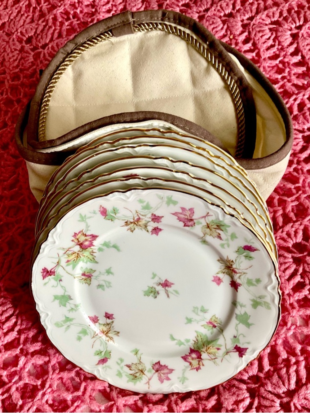 Bavaria Germany Vintage Floral Dessert Plate Set in Pink and Green - 7 Pieces